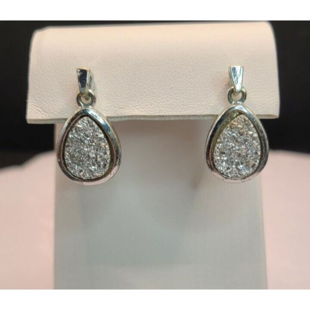 Silver Tone Druzy Teardrop Dangle Earrings Vintage 1 Inch Long